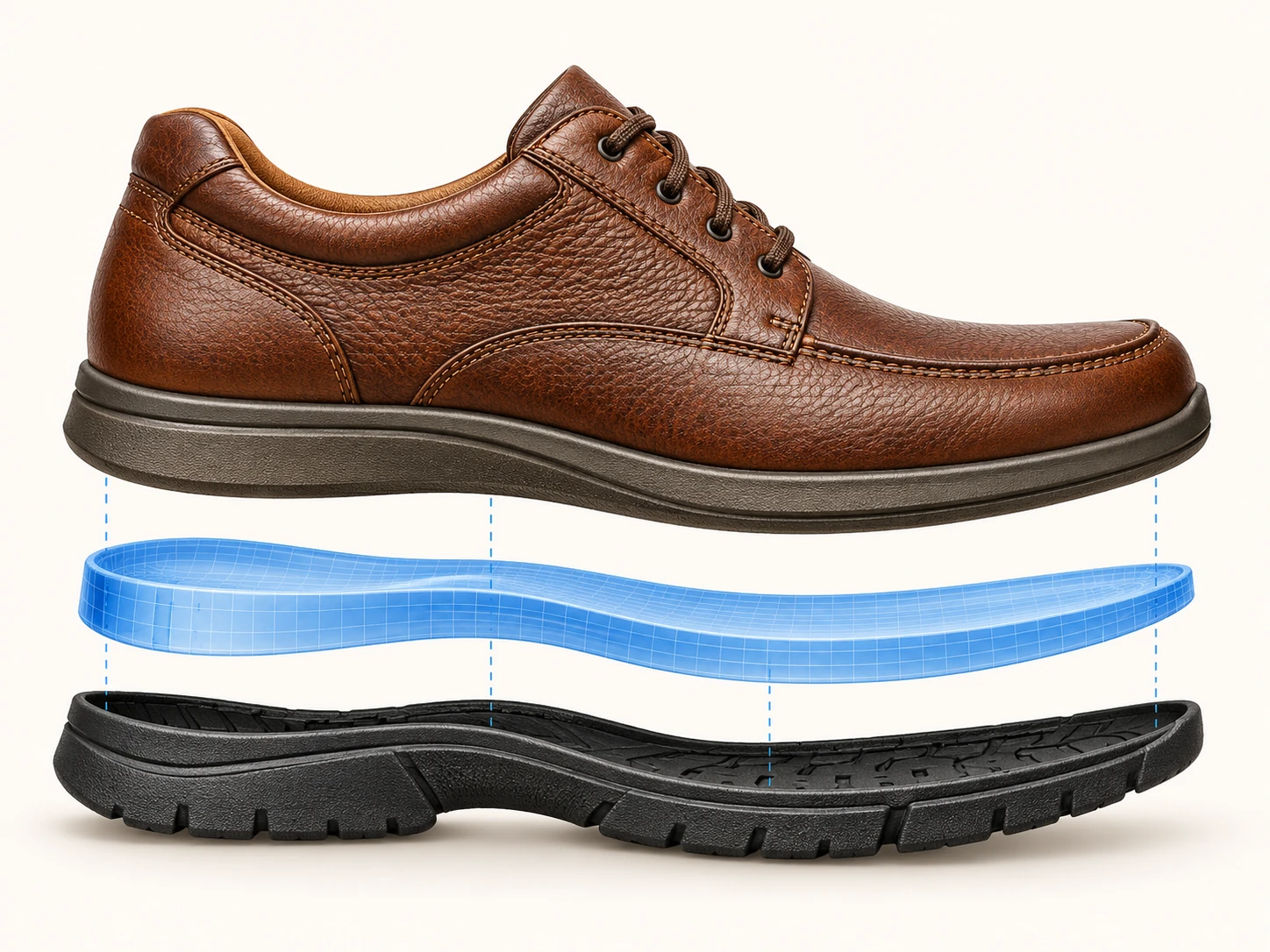 Conceptual illustration of a brown walking shoe with a blue sole lift and original outsole separated below