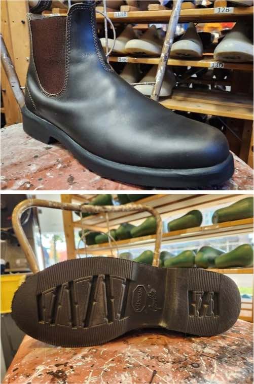Blundstone rebuild with Vibram Stockbridge sole, showing the boot and tread