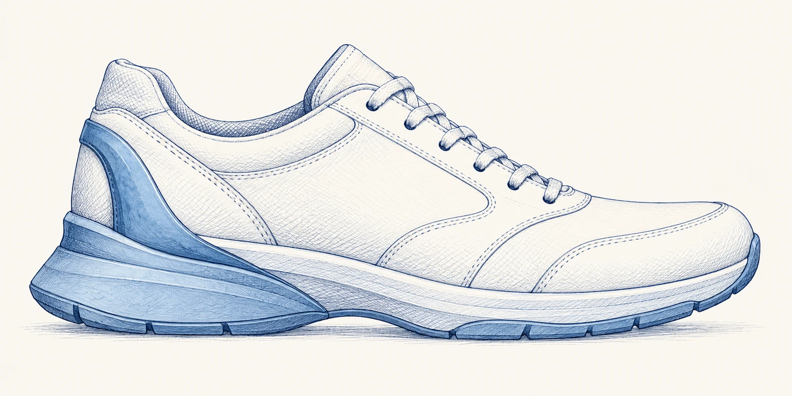 Blue illustration of a sole flare and exterior heel buttress
