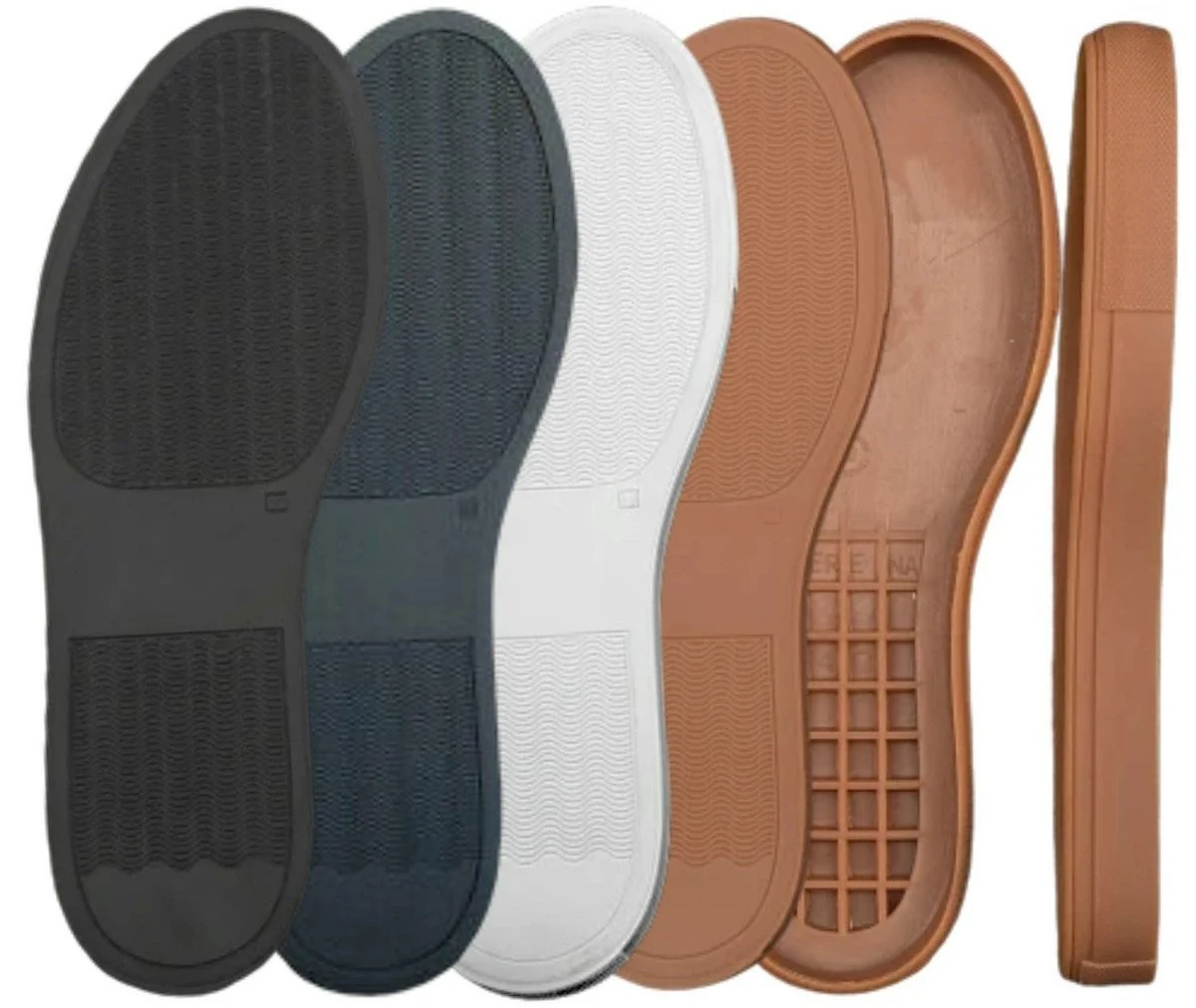 A collection of five shoe insoles in black, dark gray, white, light brown, and darker brown, with various textures and designs.