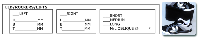 Original Northopedic prescription diagram for left and right H, B and T lift measurements and rocker profiles