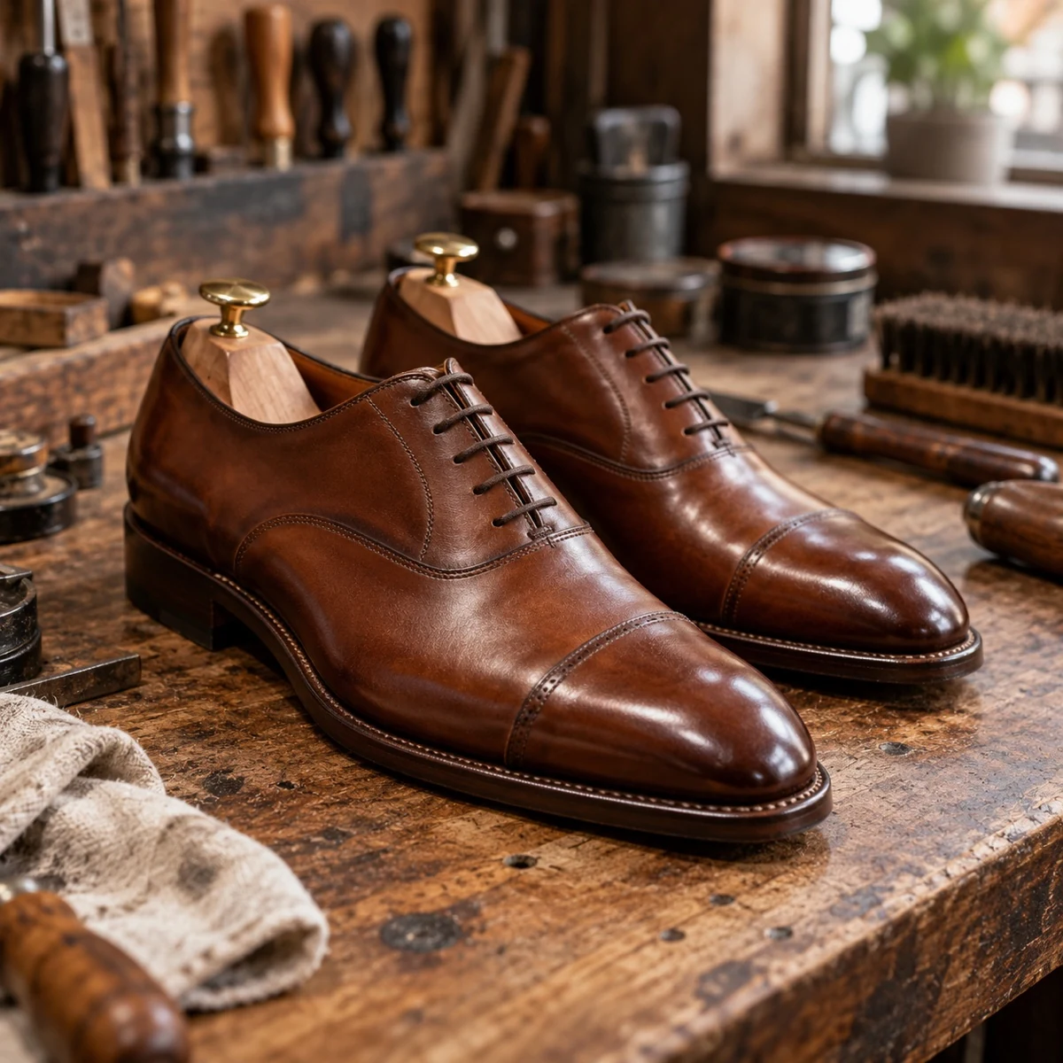 Restored brown leather dress shoes